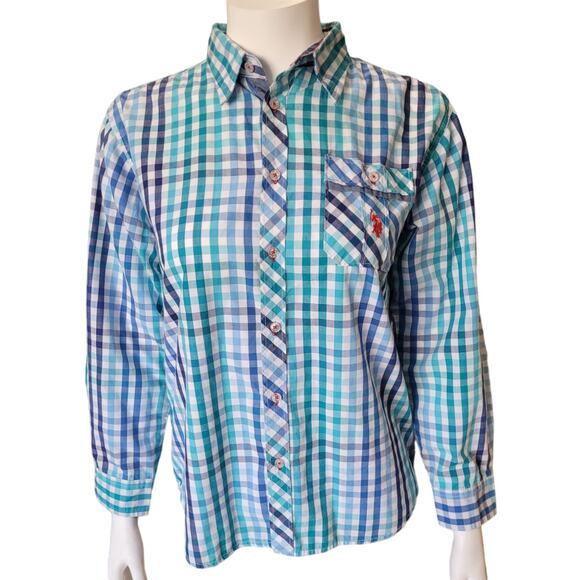 US Polo Assn Womens XL Blue Green Gingham Plaid Logo Button Down Cotton Shirt - Picture 1 of 8